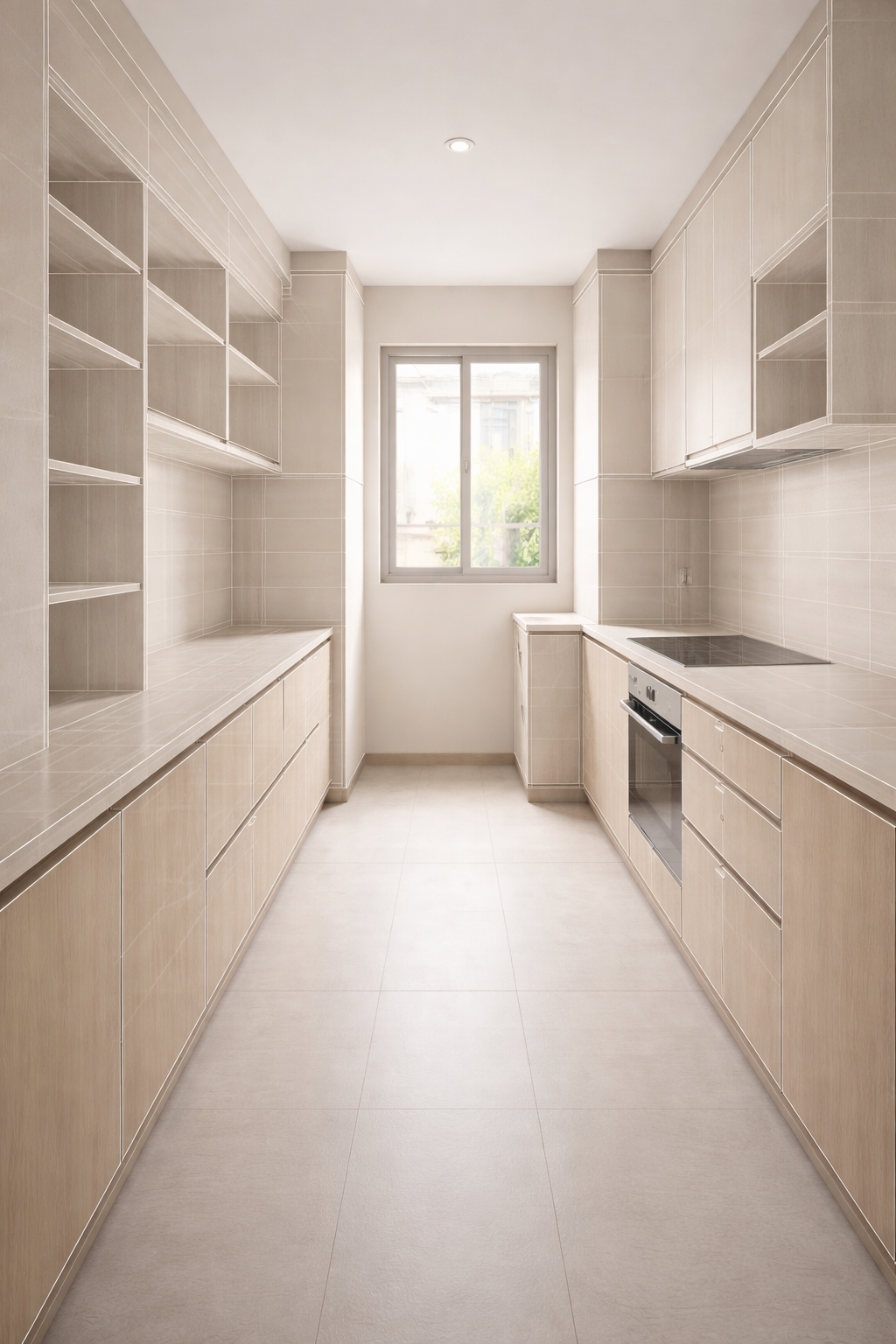 Clean organised kitchen with open shelving — home storage planning Singapore
